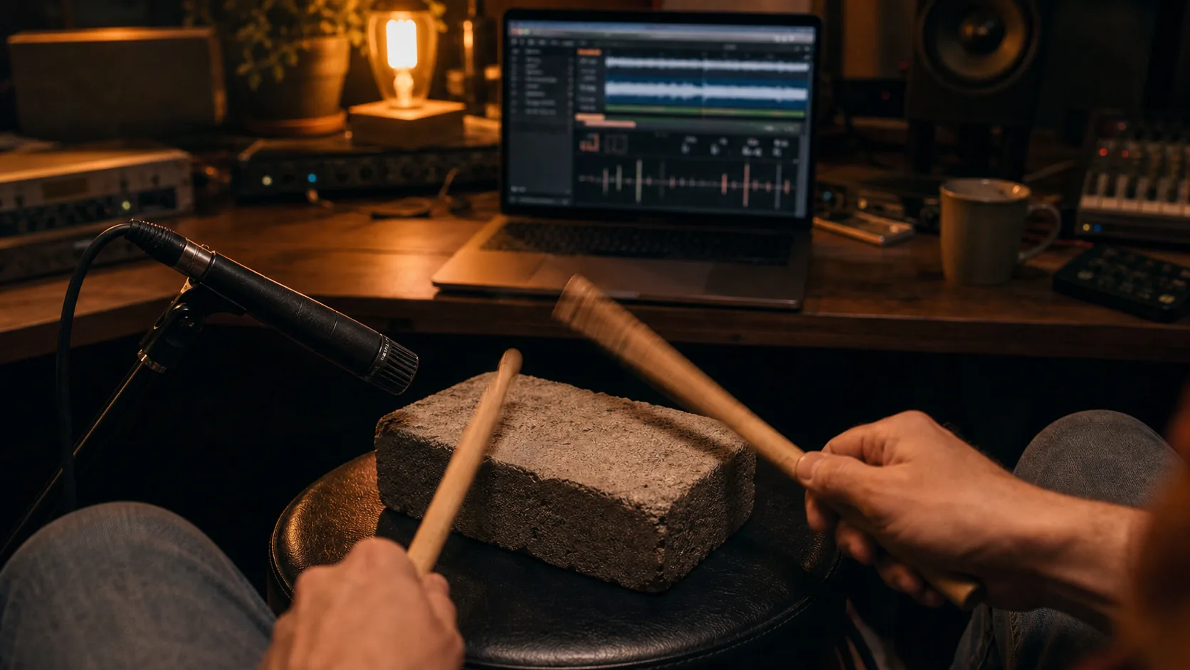 Drumstick, microphone and everyday object used as a percussion trigger surface in a studio